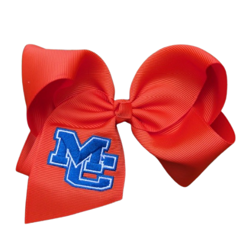 Red hair bow with blue logo on a white background