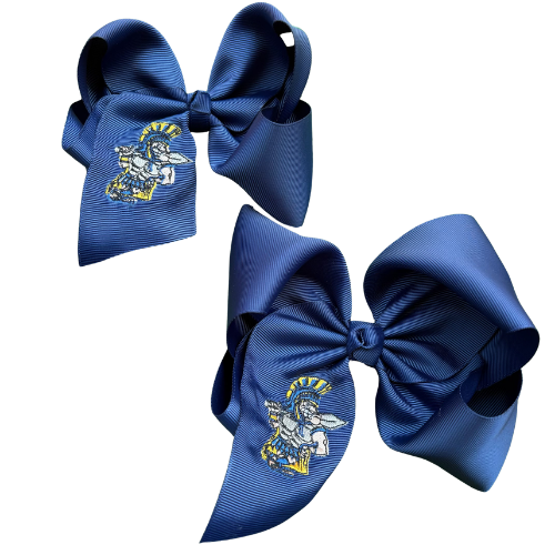 Two blue hair bows with a logo on a white background