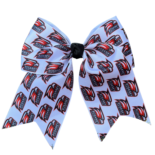 Rosamony logo hair bow on a white background
