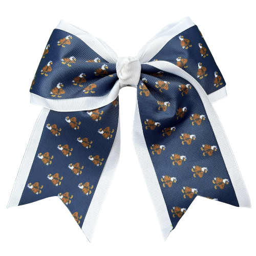 Navy blue bow with white center and small dog pattern on a white background