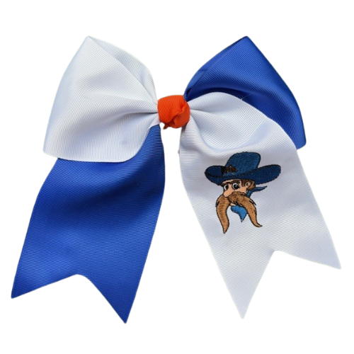 Large blue and white hair bow with a cartoon character on a white background