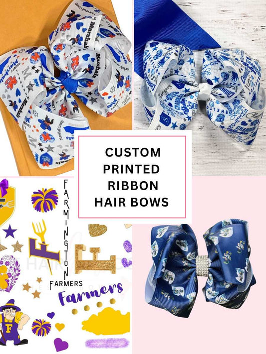 Collage of custom printed ribbon hair bows with visible branding.