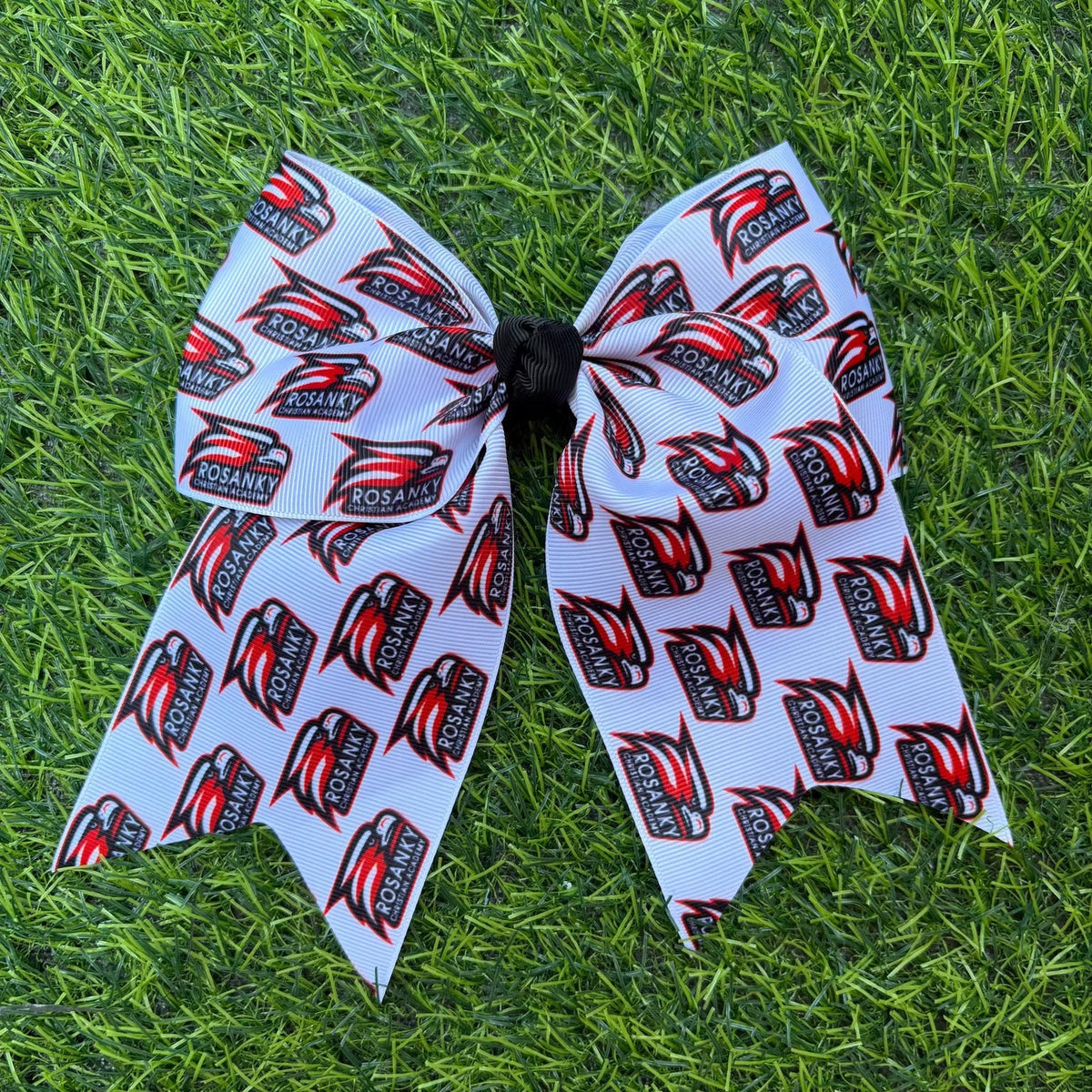 Custom printed Rosansky cheer bows on grass