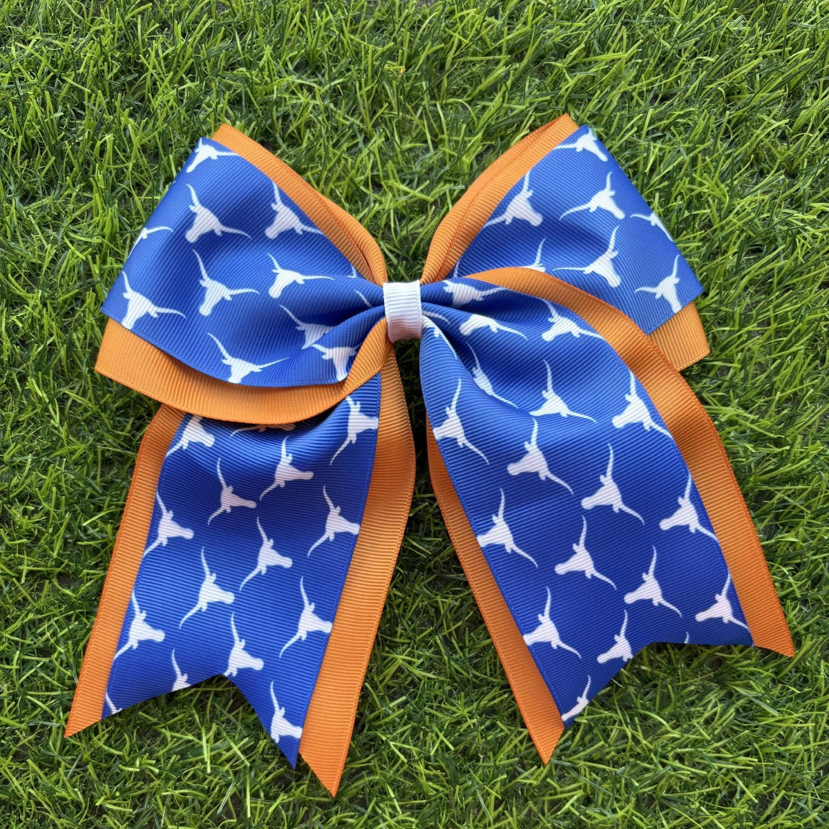 Blue and orange custom printed cheer bow on grass