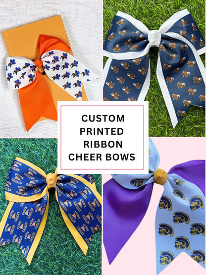 Collage of custom printed ribbon cheer bows on grass