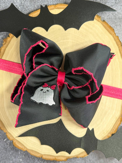 Cute Ghost Embroidered Moonstitch Bow Headband - satin elastic style