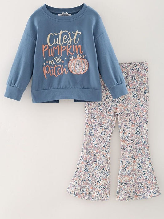 Girls Cutest Pumpkin in the Patch Bell Bottom Outfit with Blue Sweatshirt and Floral Bell Bottom Pants