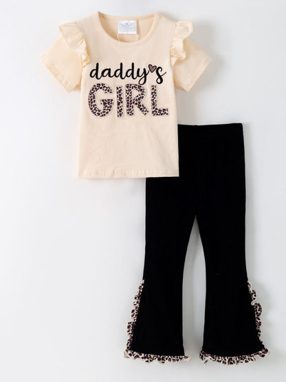 girls boutique two-piece with graphic ruffle tee and black ribbed bell bottoms with leopard ruffle trim