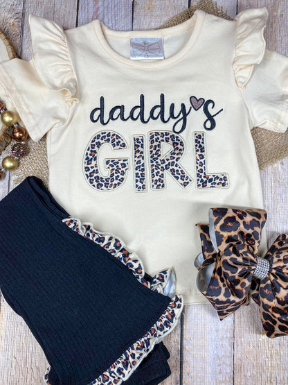 girls boutique two-piece with graphic ruffle tee and black ribbed bell bottoms with leopard ruffle trim