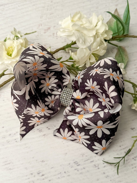 Daisies and dots Texas size hair bow with rhinestone center
