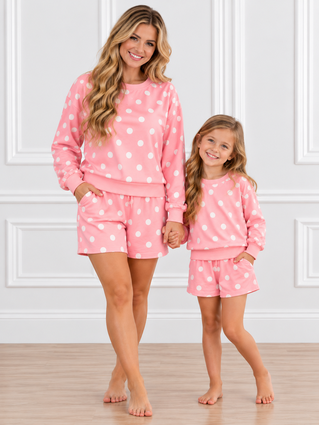 Matching pink polka dot lounge sets for mom and daughter