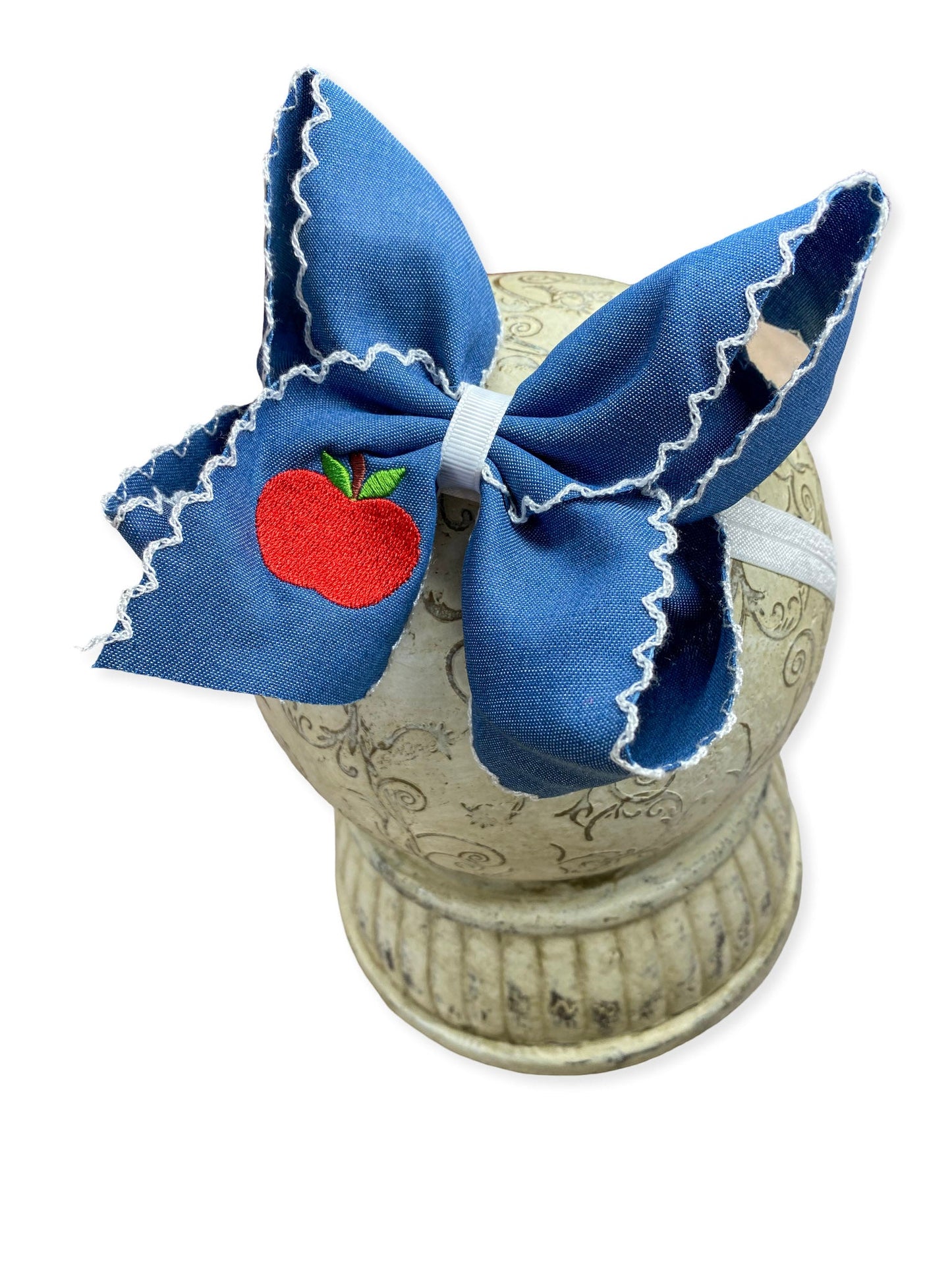 Denim Apple Embroidered Moonstitch Hair Bow | Clip or Headband