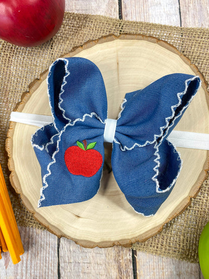 Denim Apple Embroidered Moonstitch Hair Bow | Clip or Headband