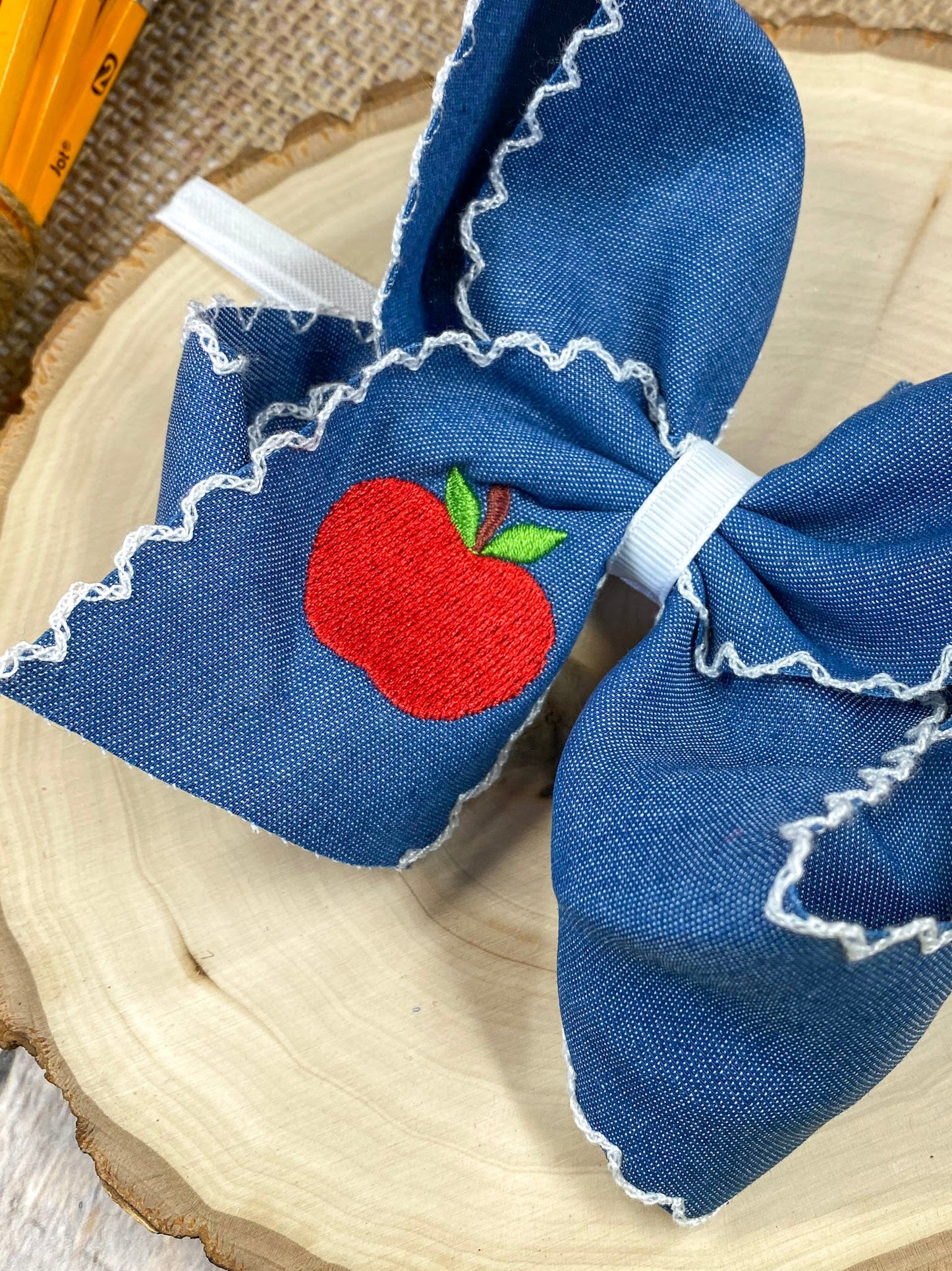 Denim Apple Embroidered Moonstitch Hair Bow | Clip or Headband