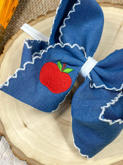 Denim Apple Embroidered Moonstitch Hair Bow | Clip or Headband
