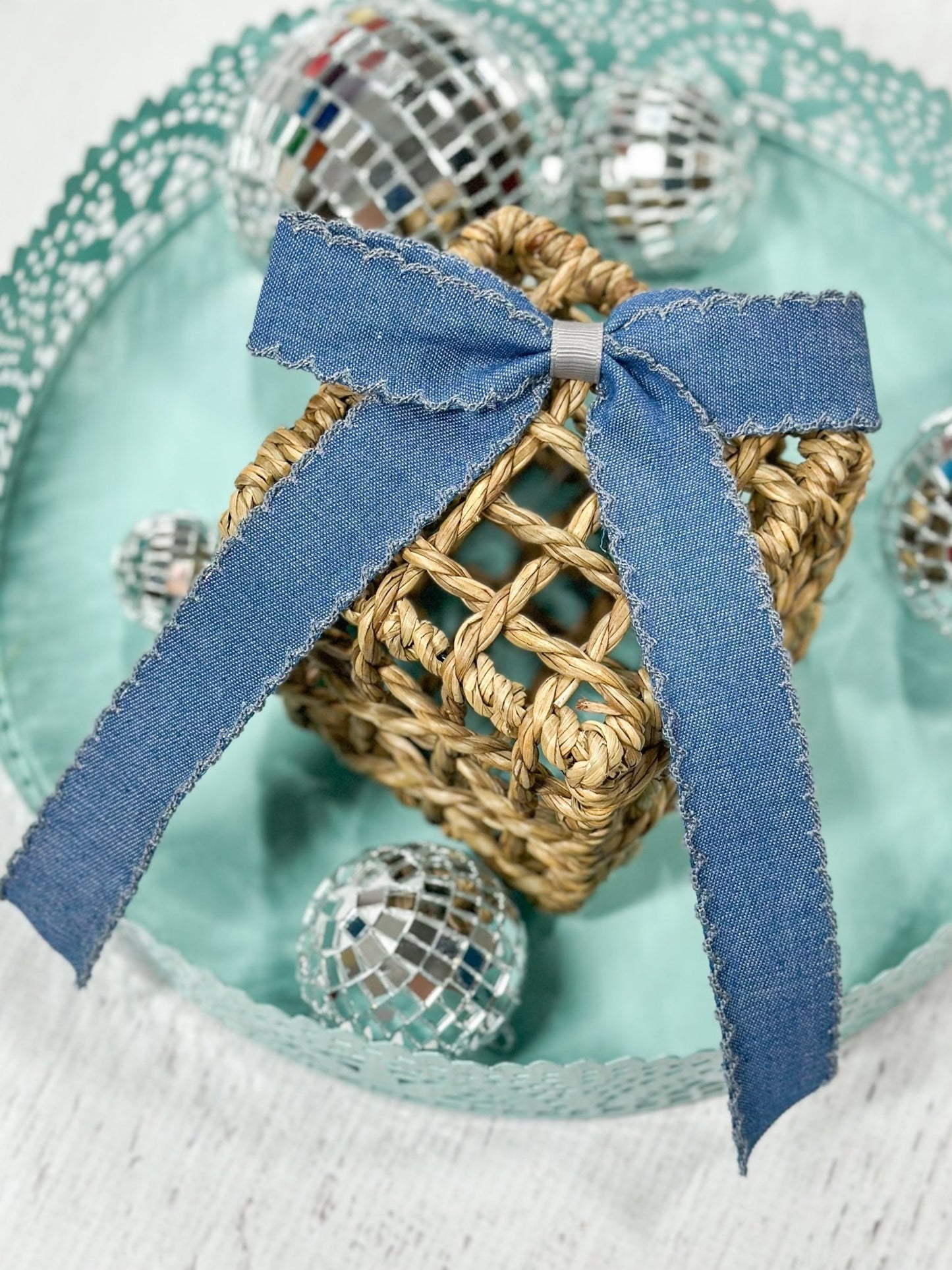 front of Denim Ruffle Edge Ribbon Hair Bow