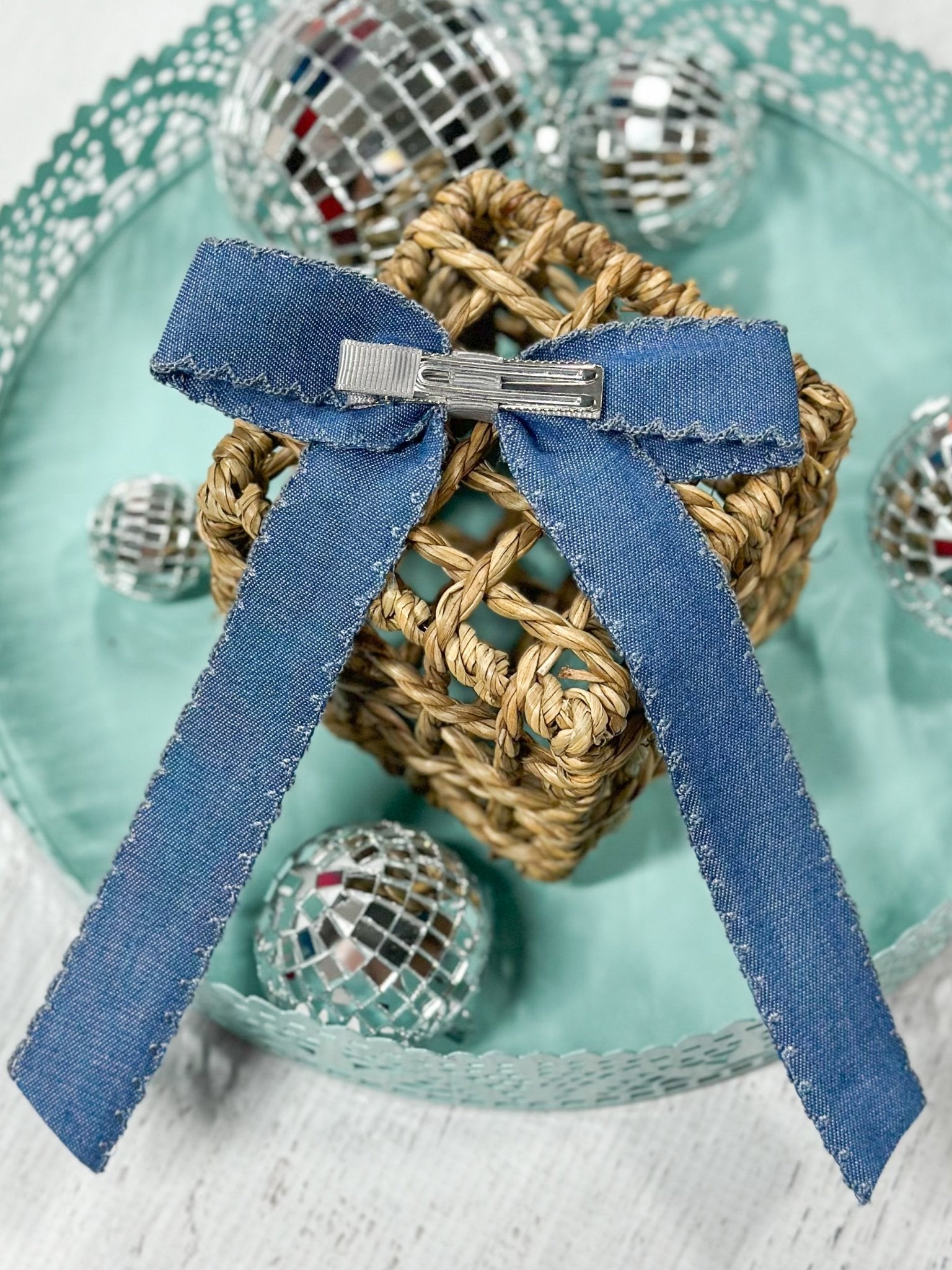 back of Denim Ruffle Edge Ribbon Hair Bow