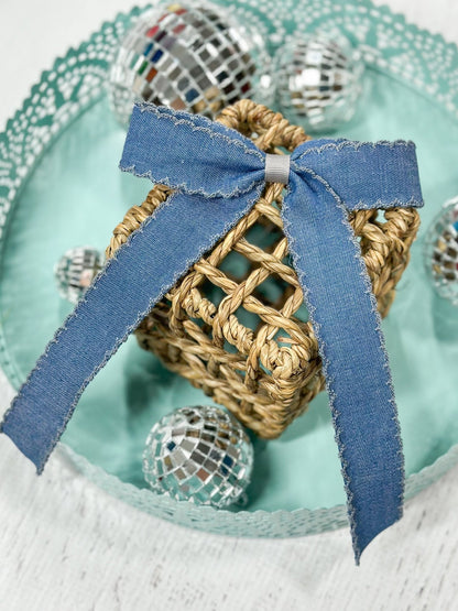 Denim ruffle edge ribbon hair bow on alligator clip