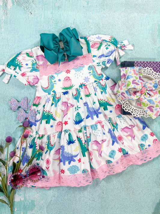 White Dress With Pink Accents & Multi Colored Dinosaurs Print - Alternative view