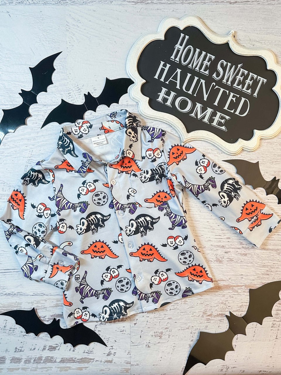 Gray button-down shirt with Halloween dinosaurs