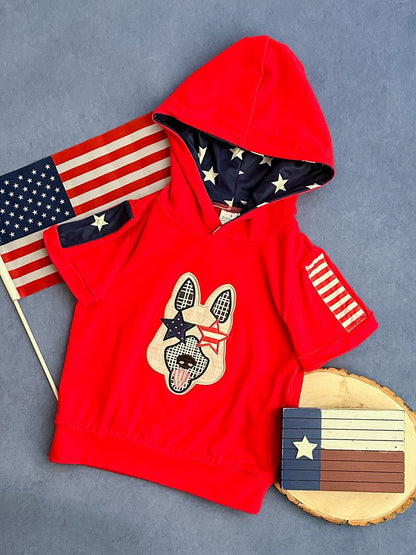 red hoodie with american dog