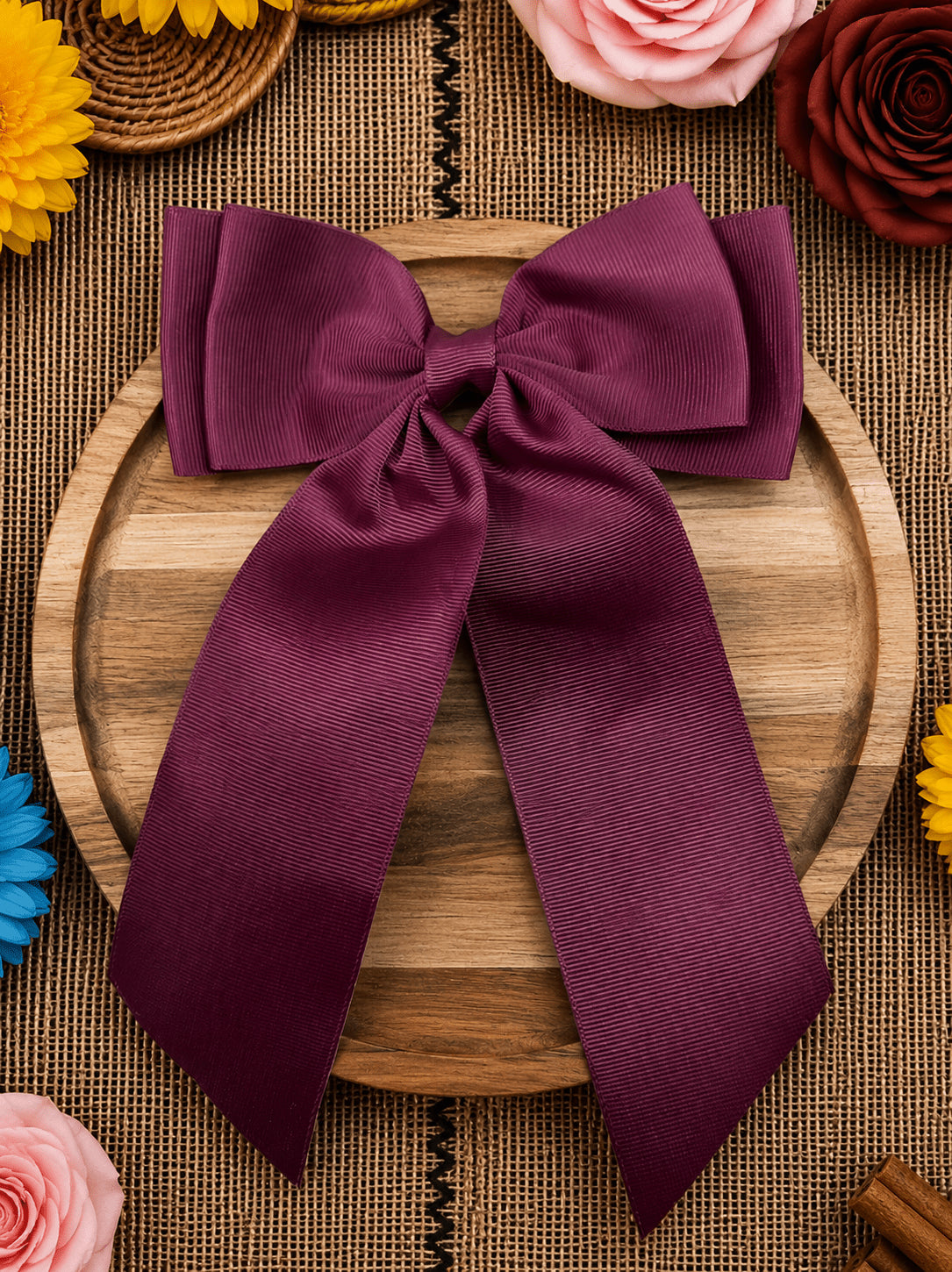 Maroon double-looped long tail grosgrain hair bow