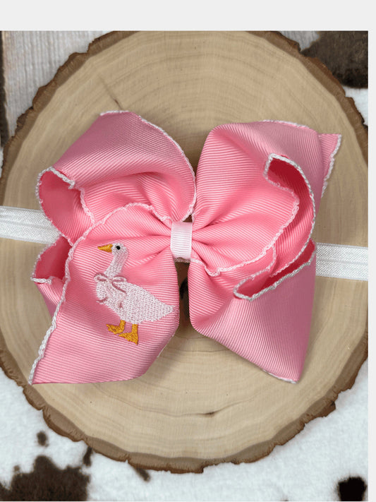 Duck Duck Goose embroidered pink moonstitch bow on headband - Alternative view