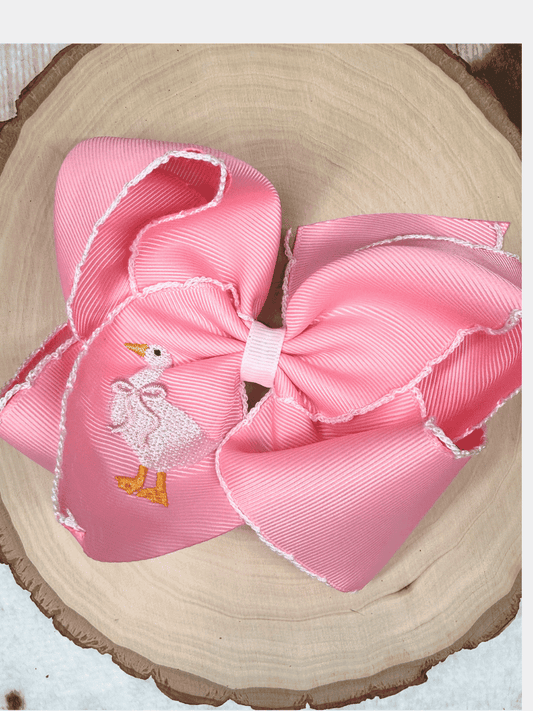 Pink moonstitch hair bow with embroidered white goose 