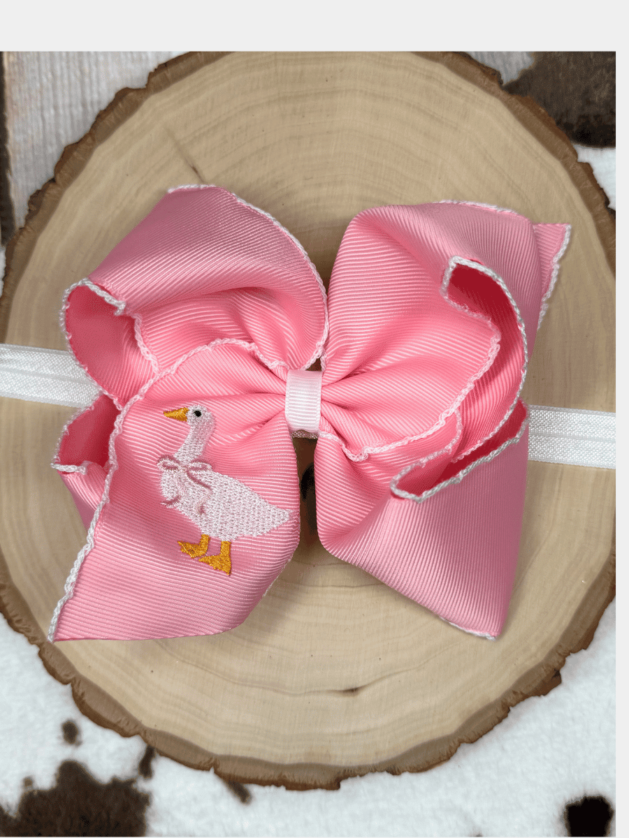 Duck Duck Goose embroidered pink moonstitch hair bow on headband