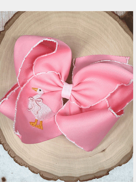 Pink moonstitch hair bow with embroidered white goose