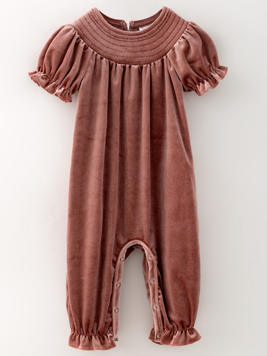 Dusty rose pink velvet baby girl romper with smocked yoke and puff sleeves — The Hair Bow Company holiday outfit