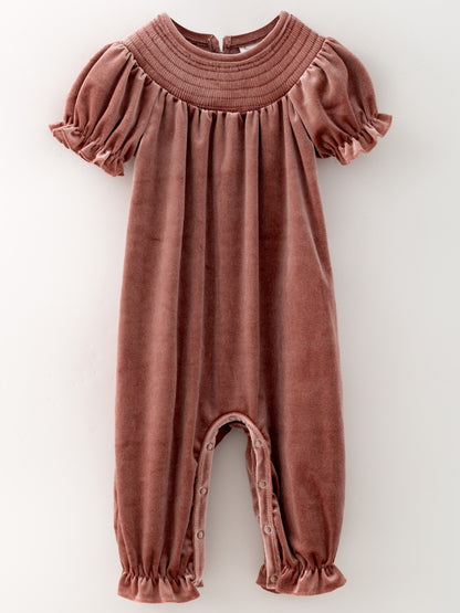 Dusty rose pink velvet baby girl romper with smocked yoke and puff sleeves — The Hair Bow Company holiday outfit