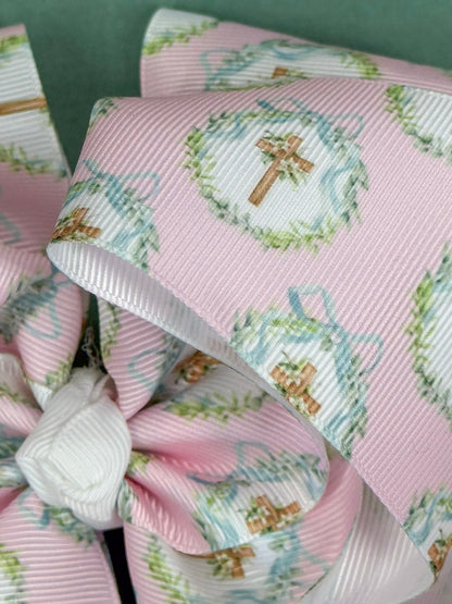 zoomed in print of Pink Easter hair bow with cross wreath print in oversized double layer style