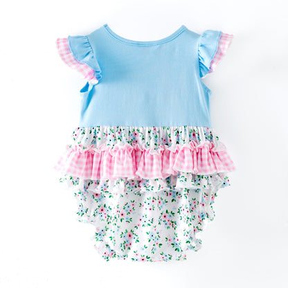 back of Baby girl Easter egg embroidered romper with ruffle details, floral print bottom, boutique Easter baby outfit
