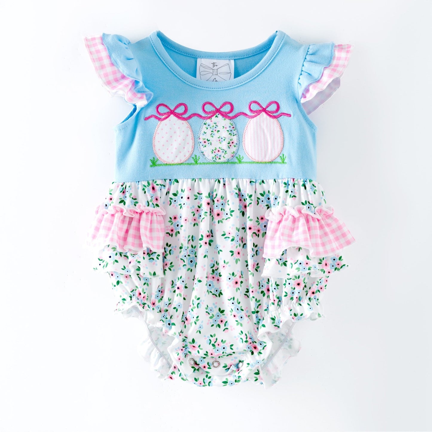 Baby girl blue Easter romper with floral print bottom, pink gingham ruffle trim, boutique spring baby outfit