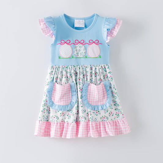 Girls blue Easter dress with embroidered Easter eggs, floral skirt, gingham ruffle hem and pockets, boutique spring dress - Alternative view