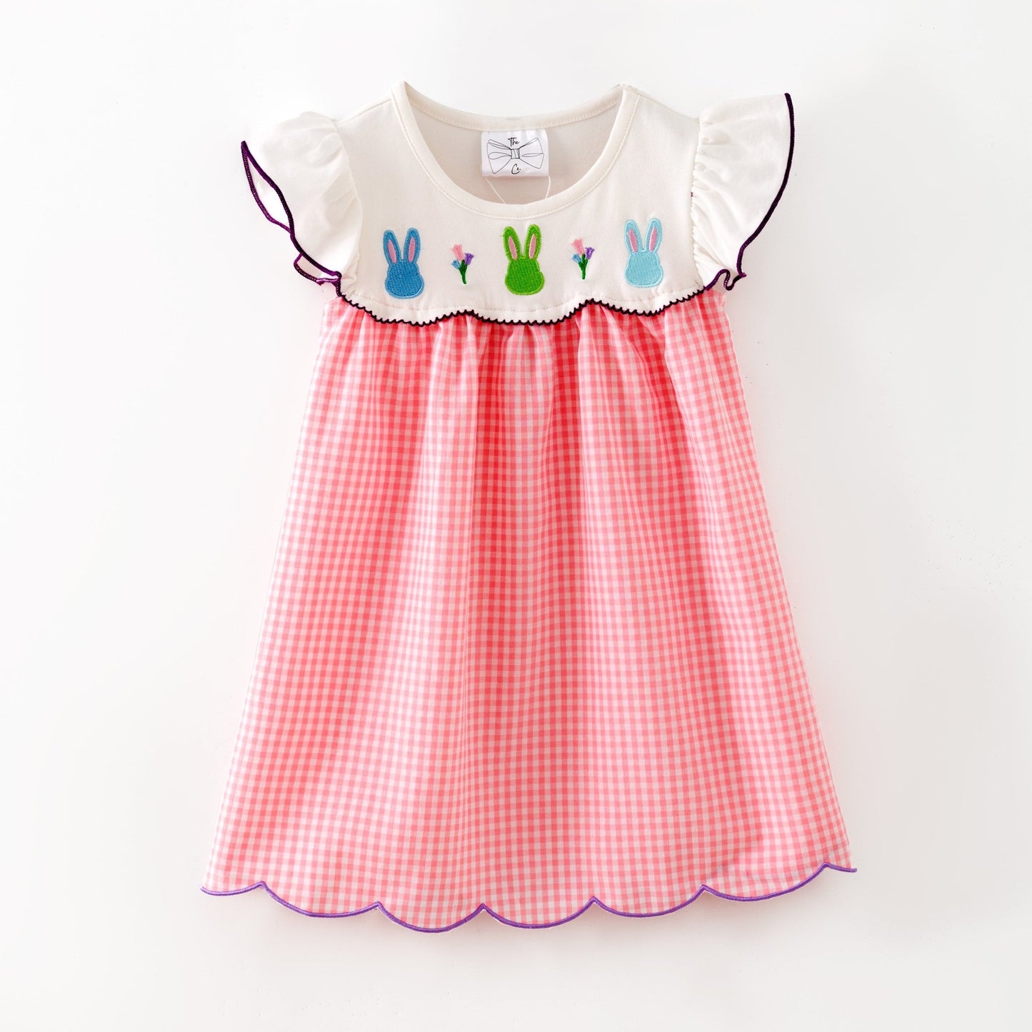 Pink gingham girls dress with three embroidered Easter bunnies
