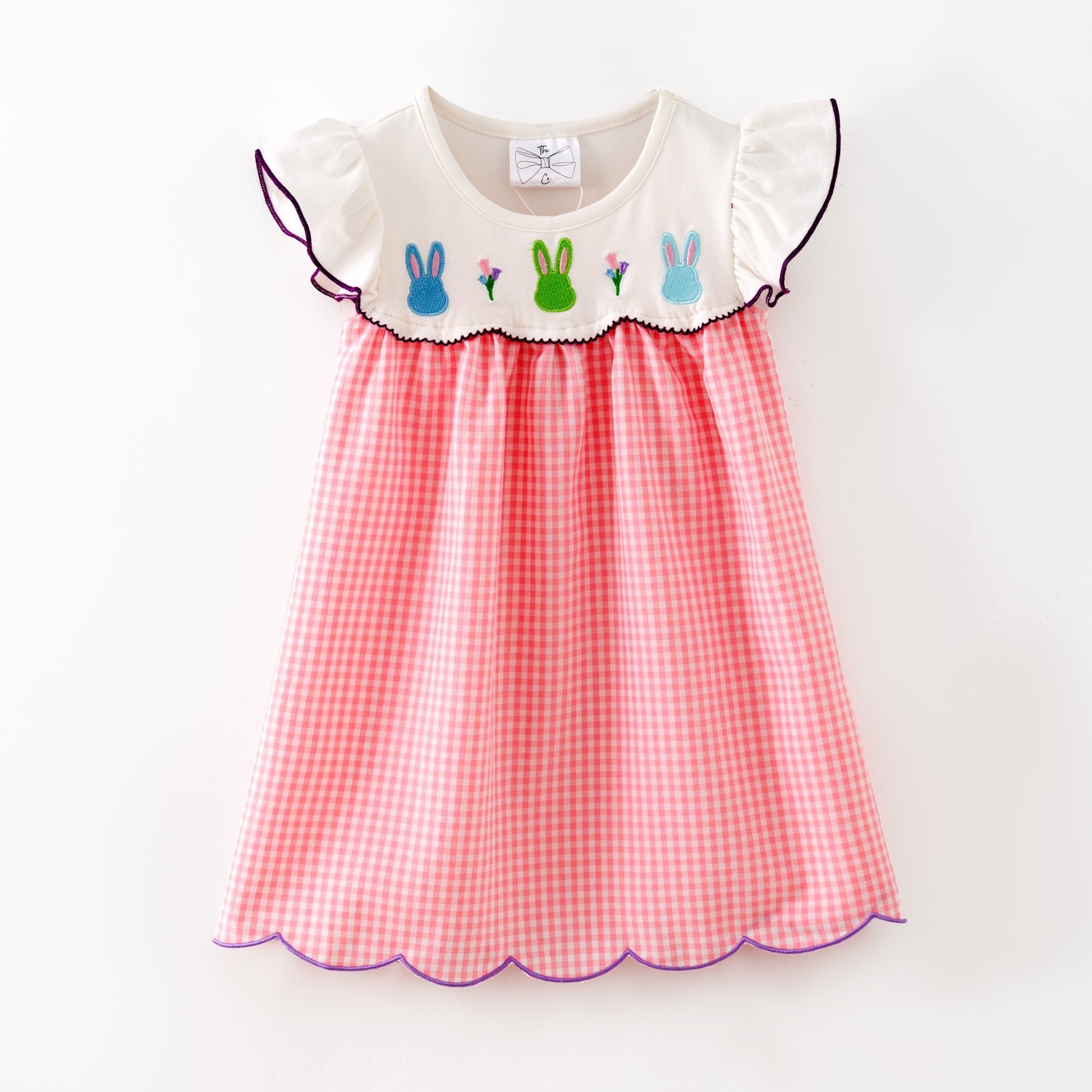 Pink gingham girls dress with three embroidered Easter bunnies