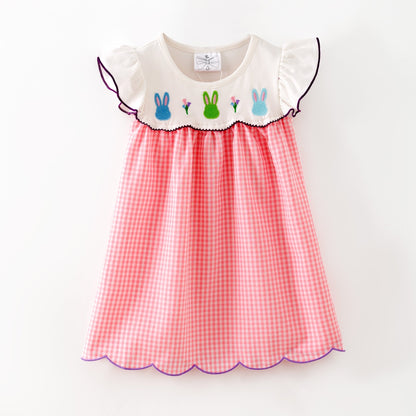 Pink gingham girls dress with three embroidered Easter bunnies