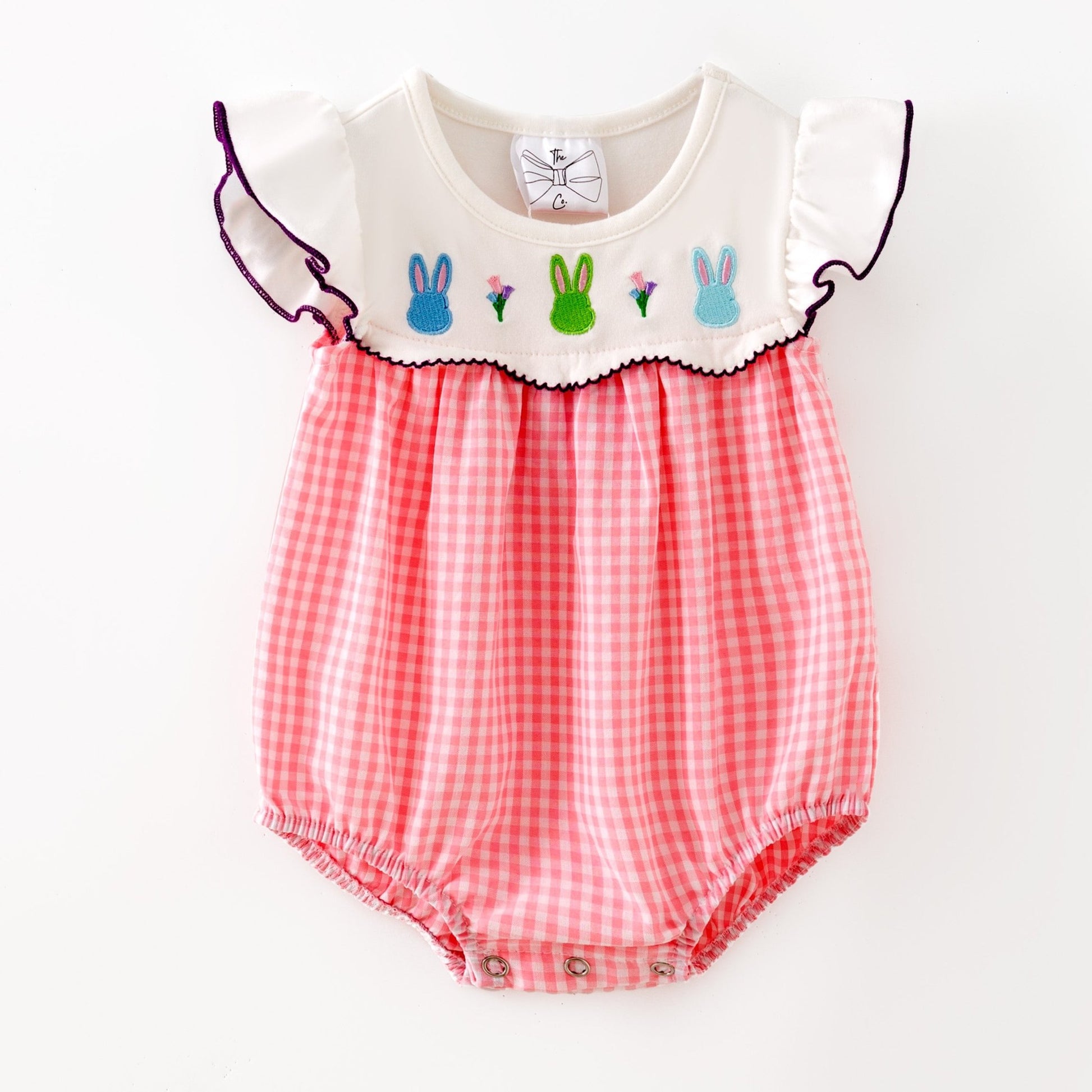 Embroidered Bunnies Pink Gingham Infant Romper girls boutique outfit set from The Hair Bow Company
