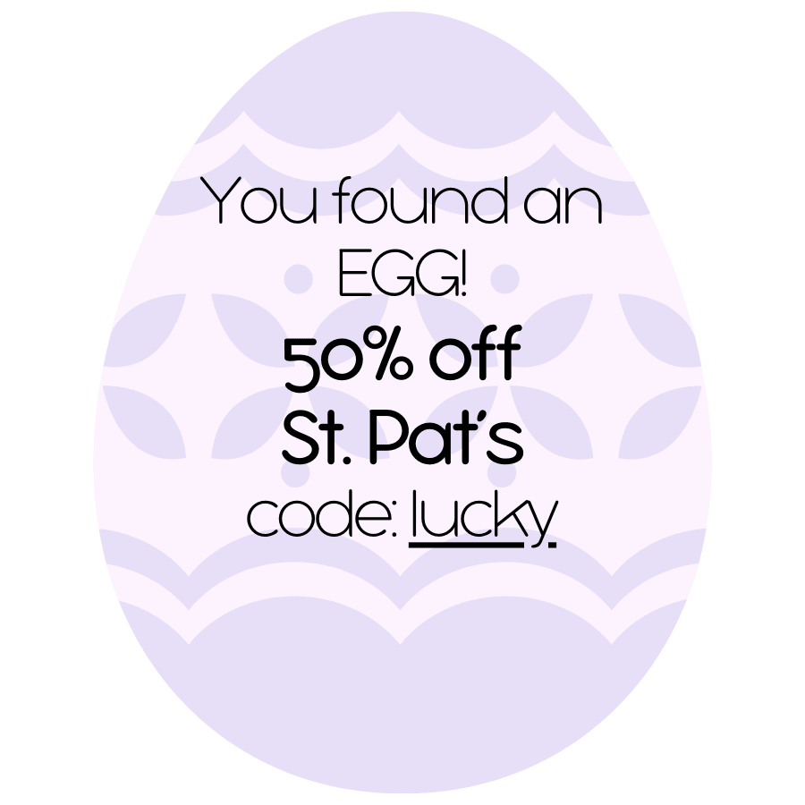 purple and light purple Easter egg-shaped sign with promotional text and code.