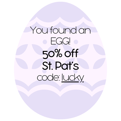 purple and light purple Easter egg-shaped sign with promotional text and code.