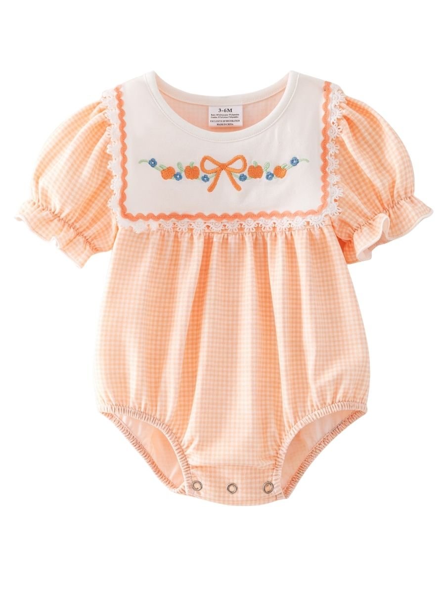 baby girl fall bubble romper with pumpkin embroidery, peach gingham, and lace trim