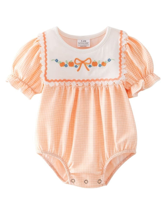 baby girl fall bubble romper with pumpkin embroidery, peach gingham, and lace trim