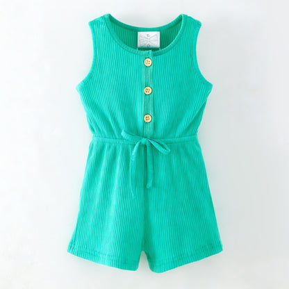 Green romper with button details on a white background