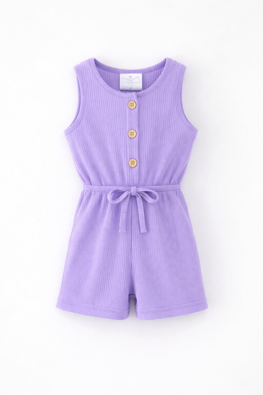 Purple ribbed romper with button details on a light gray background