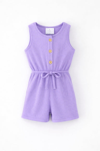 Purple ribbed romper with button details on a light gray background