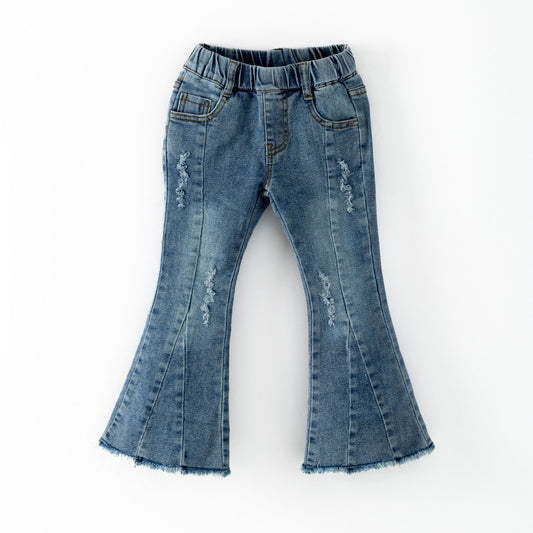Pair of blue denim bell-bottom pants on a white background - Alternative view