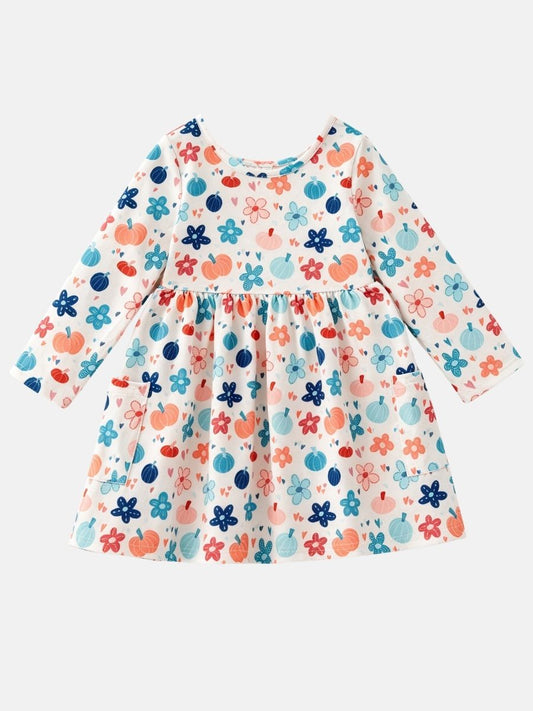 Girls fall pumpkin floral pocket dress in dusty rose orange and blue