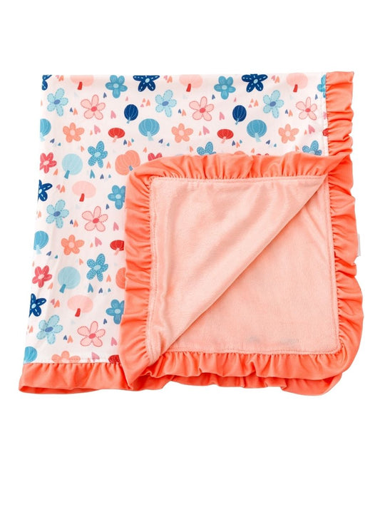 Fall pumpkin floral baby blanket in dusty rose orange and blue with ruffle trim